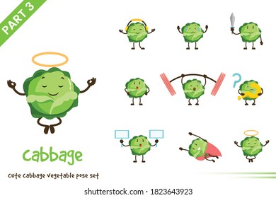Ilustración vectorial de la caricatura lindas poses de verduras de col. Aislado sobre fondo blanco.