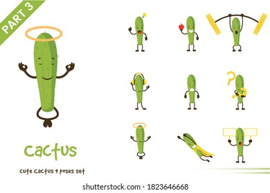 Vector illustration of cartoon cute cactus poses set. Isolated on white background.