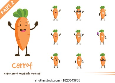 Vector illustration of cartoon cute carrot vegetable poses set. Isolated on white background.