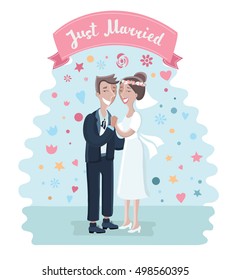 Vector illustration of cartoon cute cart with bride and groom loves each other. Just married couple have gently hug