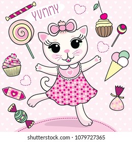 Vector illustration of cartoon cute cat girl with candies, ice-cream and cakes. EPS8.