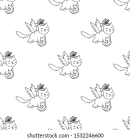 Vector illustration with cartoon cute cat with wings and tasty donut isolated on background
