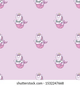 Vector illustration with cartoon cute cat mermaid with rainbow hair isolated on background