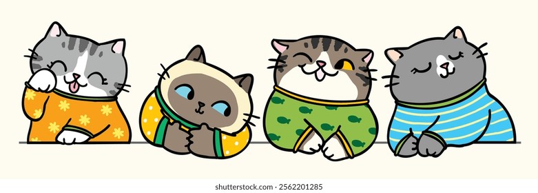 Vector Illustration of Cartoon Cute Cat Characters on Isolated Background. Hand Drawn Vector Illustration. Not AI Generated.