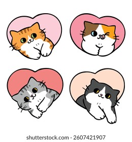 Vector Illustration of Cartoon Cute Cats in Heart Frame Design. Hand Drawn Vector Illustration. Not AI Generated.