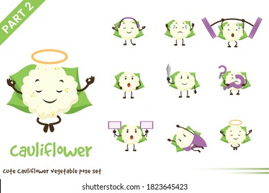 Vector illustration of cartoon cute cauliflower vegetable poses set. Isolated on white background.