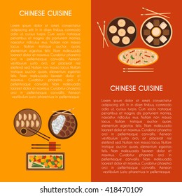 Vector illustration with cartoon cute chinese cuisine food: chicken kung pao, wonton soup, chow mein, mantons. Traditional chinese food. Great for restaurant, cafe menu. Cartoon food plate, top view