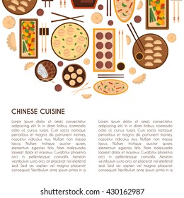 Vector illustration with cartoon cute chinese cuisine food concept. Traditional chinese food. Great for restaurant, cafe menu. Cartoon food plate, top view. Card, poster, banner pattern, template