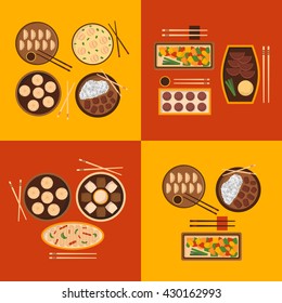 Vector illustration with cartoon cute chinese cuisine food: chicken kung pao, wonton soup, chow mein, mantons. Traditional chinese food. Great for restaurant, cafe menu. Cartoon food plate, top view