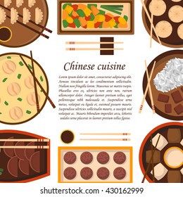 Vector illustration with cartoon cute chinese cuisine food: chicken kung pao, wonton soup, chow mein, mantons. Traditional chinese food. Great for restaurant, cafe menu. Cartoon food plate, top view