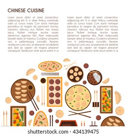 Vector illustration with cartoon cute chinese cuisine food: chicken kung pao, wonton soup, chow mein, mantons. Traditional chinese food. Great for restaurant, cafe menu. Cartoon food plate, top view