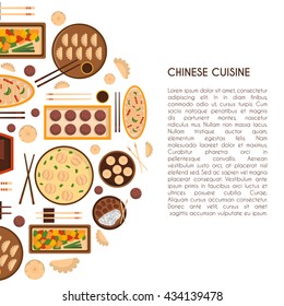 Vector illustration with cartoon cute chinese cuisine food: chicken kung pao, wonton soup, chow mein, mantons. Traditional chinese food. Great for restaurant, cafe menu. Cartoon food plate, top view