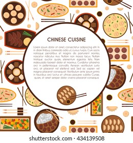 Vector illustration with cartoon cute chinese cuisine food: chicken kung pao, wonton soup, chow mein, mantons. Traditional chinese food. Great for restaurant, cafe menu. Cartoon food plate, top view