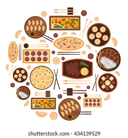 Vector illustration with cartoon cute chinese cuisine food: chicken kung pao, wonton soup, chow mein, mantons. Traditional chinese food. Great for restaurant, cafe menu. Cartoon food plate, top view