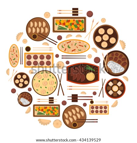 Vector illustration with cartoon cute chinese cuisine food: chicken kung pao, wonton soup, chow mein, mantons. Traditional chinese food. Great for restaurant, cafe menu. Cartoon food plate, top view