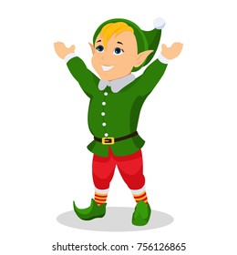 Vector illustration cartoon cute christmas elf stands with his hands up. Isolated white background. Flat style. Fairy-tale character at Christmas. Boy Holiday Elf.