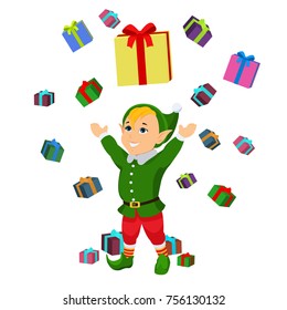 Vector illustration of cartoon cute christmas elf catches falling boxes for gifts. Isolated white background. Flat style. Fairy-tale character at Christmas. Boy Holiday Elf with present.