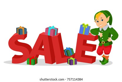 Vector illustration of cartoon cute christmas elf with gift box and sale. Isolated white background. Flat style. Concept of the Christmas sale.