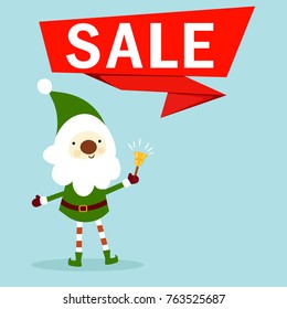 Vector illustration of cartoon cute christmas elf with gift box and sale. Isolated white background. Flat style. Concept of the Christmas sale.