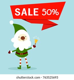 Vector illustration of cartoon cute christmas elf with gift box and sale. Isolated white background. Flat style. Concept of the Christmas sale.