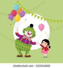 Vector illustration cartoon of a cute clown giving a pink balloon to a girl.