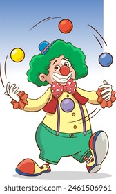 Vektorillustration-Cartoon eines süßen Clowns, der mit bunten Bällen jongliert.