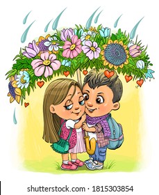 Ilustración vectorial. Caricatura lindo par de amantes. Ponte bajo un paraguas con flores. Protegido del mal tiempo. El concepto de confort, amor y armonía. Día de San Valentín.