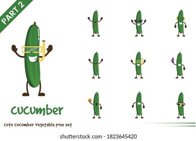 Vector illustration of cartoon cute cucumber vegetable poses set. Isolated on white background.