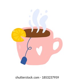 Vector illustration. Cartoon cute cup of tea with bag and lemon. 
