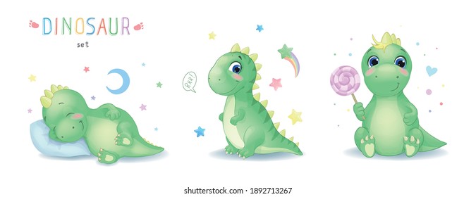 Vector illustration of cartoon cute dinosaur character set. Slipping, sitting cartoon watercolor baby dinosaur with candy.