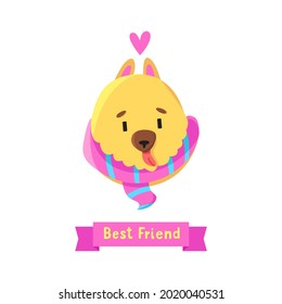 Vector illustration of cartoon cute dog face with scarf isolated on white background. Best friend. Card, poster, sticker.