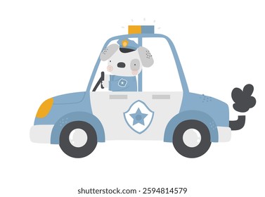 Vector illustration of cartoon cute dog in police officer uniform rides on police patrol car. Transportation for kids. Police station. Emergency. Cute emergency vehicle. Patrol car. Animal police.