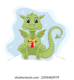  Vector illustration of cartoon cute dragon with a gift box on New year 2024.