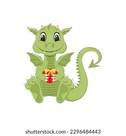  Vector illustration of cartoon cute dragon with a gift box on New year 2024 without background.
