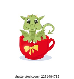  Vector illustration of cartoon cute dragon in cup at New year 2024 without background.