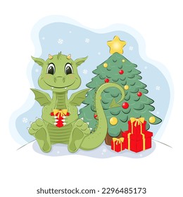 Ilustración vectorial de un tierno dragón con una caja de regalo y un árbol de navidad en Año Nuevo 2024.