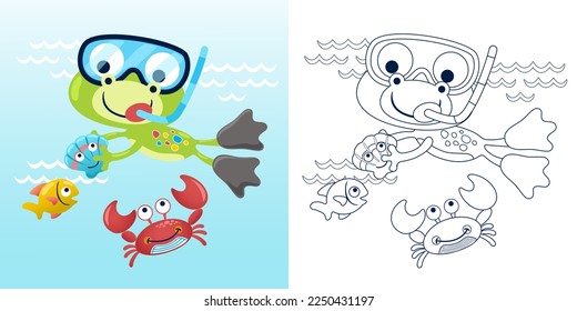 Vector illustration of cartoon cute frog diving with marine animals. Coloring book or page