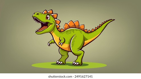 Vector illustration. Cartoon cute funny green dinosaur Tyrannosaurus rex with an open toothy mouth. Childrens toy lizard. Animal of prehistoric period.