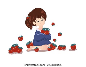 Vector illustration cartoon, cute girl hugs strawberry, are strawberries all around.