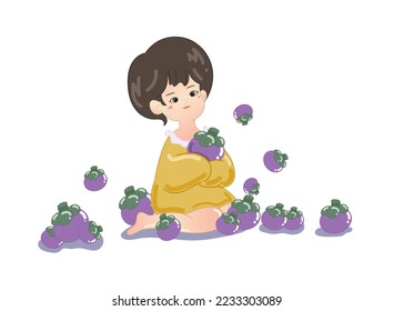 Vector illustration cartoon, cute girl hugs mangosteen, are mangosteen all around, asian fruits.