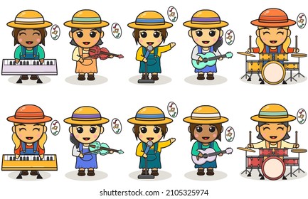 Vector illustration cartoon of cute Girls farmer Music Band. Design isolated flat cartoon style. Cartoon flat vector collection isolated on white background. Good for icon, label, sticker, clipart.