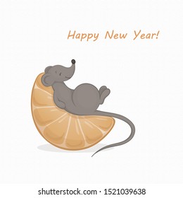 Vector illustration of a cartoon cute gray mouse laying on the orange mandarin wedge. Greeting Happy New Year