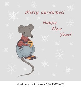 Vector illustration of a cartoon cute gray mouse in a warm sweater and blue trousers with a yellow cup of coffee. Red greeting Merry Christmas and Happy New Year