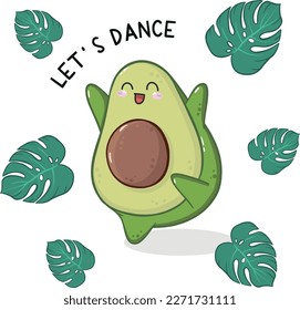 Ilustración vectorial con dibujos animados lindo aguacate de baile verde con letras, hojas de palma, aislados en fondo blanco vacío, Bailemos, emoji gracioso, pegatina 