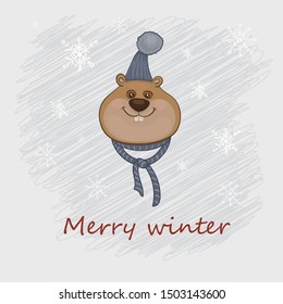 Vector illustration of a cartoon cute hamster in a warm cap with a bob on the grey background with snowflakes and winter text.