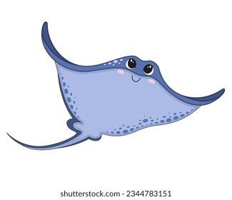 Vector illustration of cartoon cute happy sea stingray for design element. Funny sea animal on a white background.