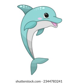 Vector illustration of cartoon cute happy dolphin jumping for design element. Funny sea animal on a white background.