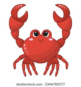 Vector illustration of cartoon cute happy crab jumping for design element. Funny sea animal on a white background.