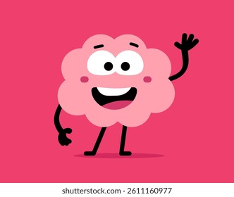 Vector illustration of cartoon cute happy brain character with open mouth and wave hand on pink color background. Flat doodle style design of smile kid brain for web, site, banner, poster, card