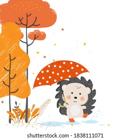 Vektorgrafik von Cartoon cute hedgehog unter einem Regenschirm im Regen.Herbst Wald flach Design.